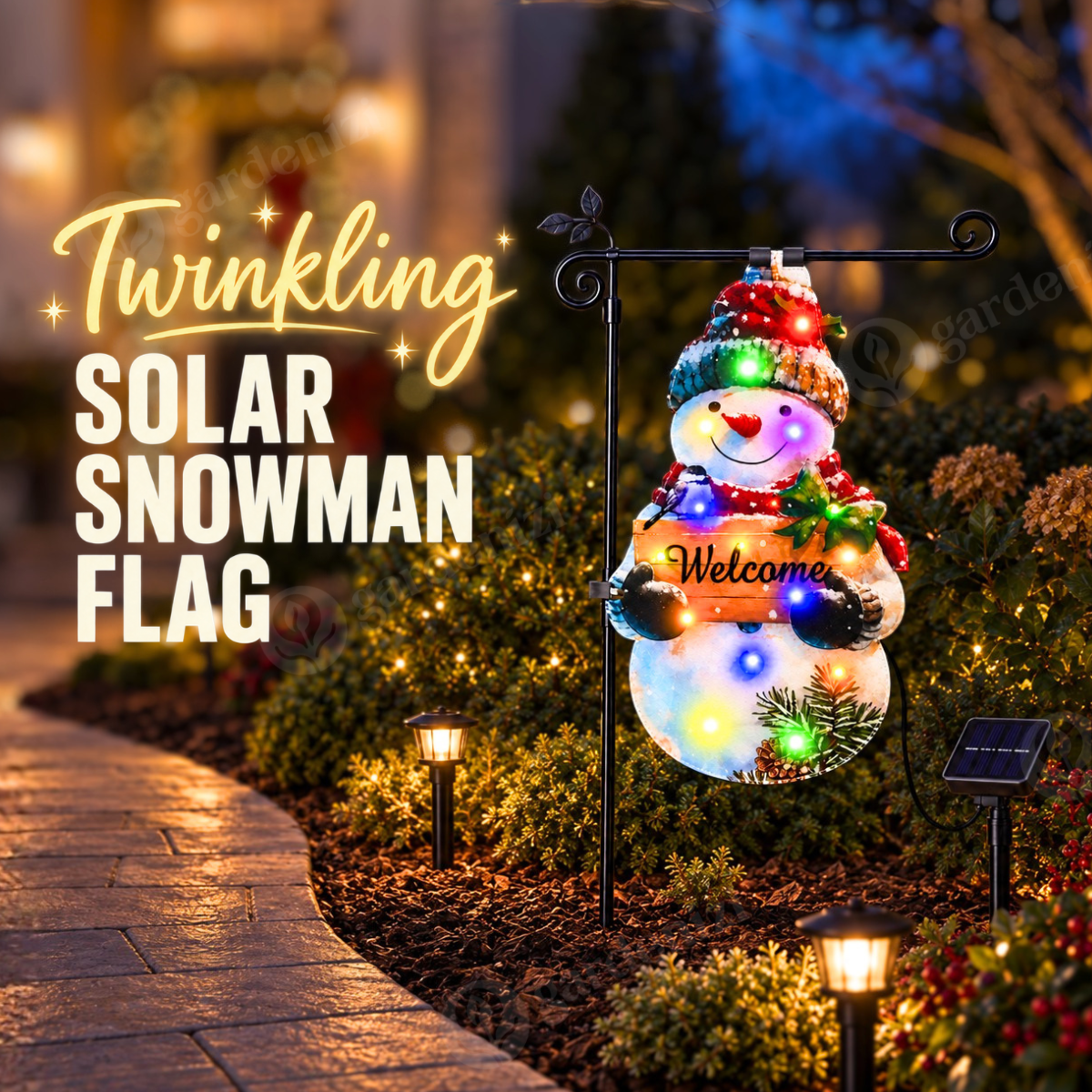 Twinkling Solar Snowman Flag • Gardenizi