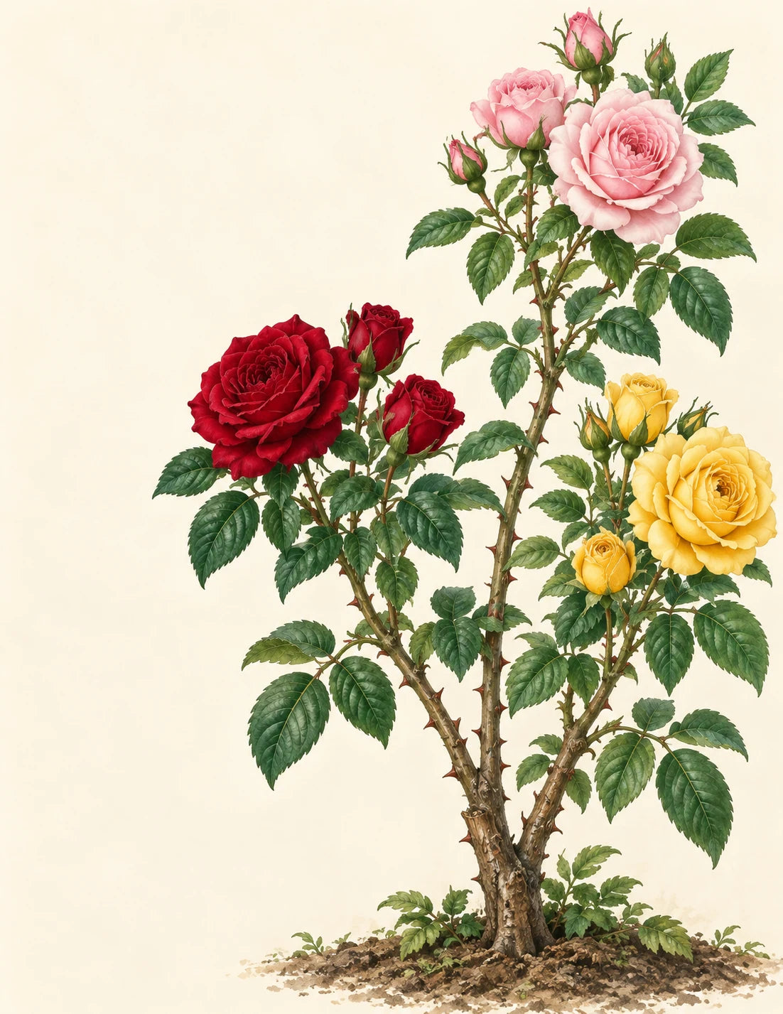 One rose bush blooming red, pink and yellow roses